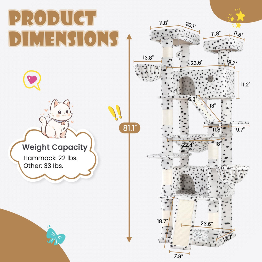 SHA CERLIN 81in Multi-Level Tall Cat Tree Tower for Indoor Kitties/Larger Cat Condo Furniture with Hammock/Cozy Pussycat Perches/Sisal Scratching Posts/Pet House/Wide Base/White & Black Spot