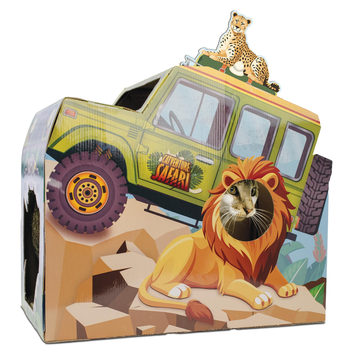 HappyCat Safari Truck Cat Scratcher House - Adventure-Themed Cardboard Cat Playhouse with Scratch Panels & Interior Space - Jungle Truck Theme Cat Activity Center