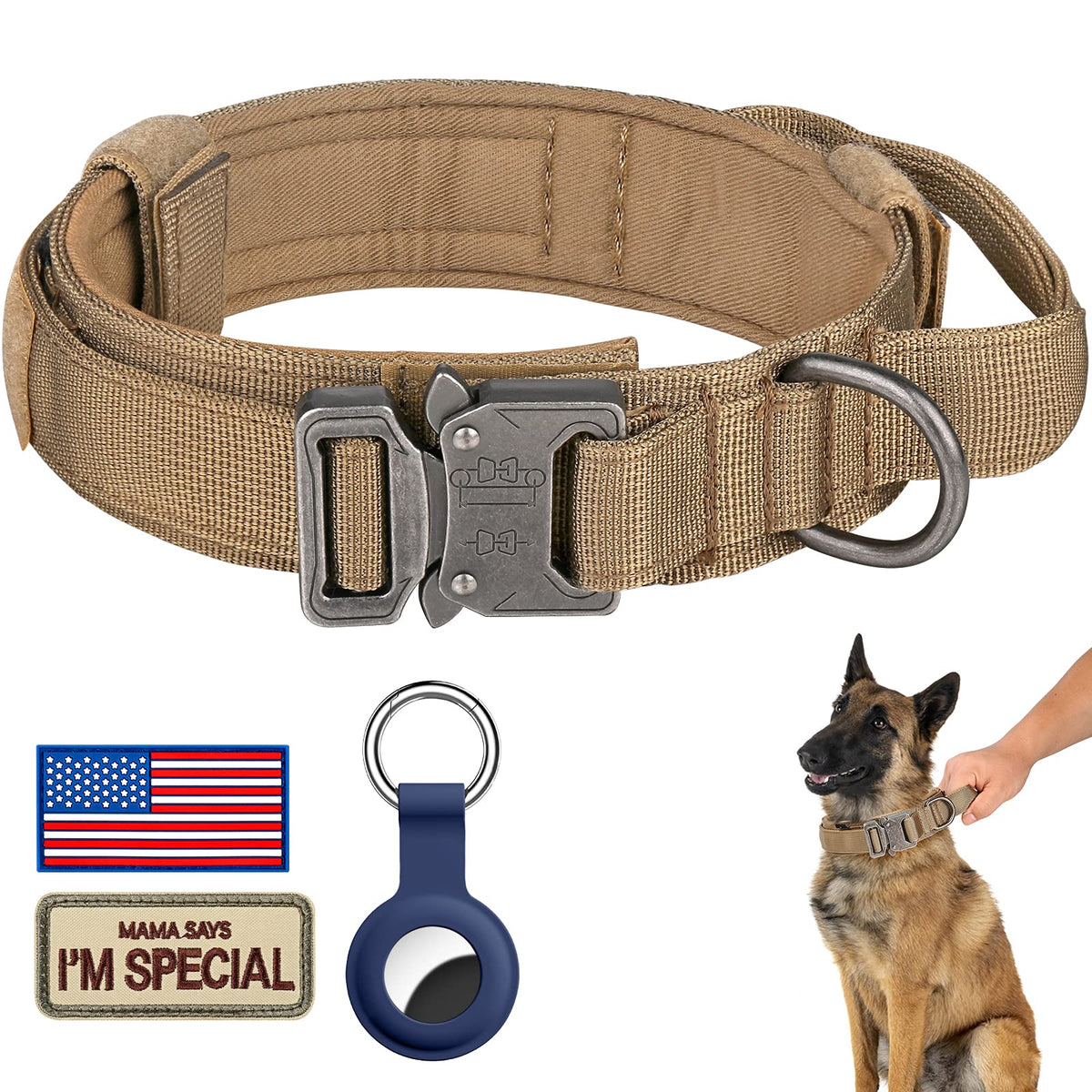 DAGANXI Tactical Dog Collar, Adjustable Military Training Nylon Dog Collar with Control Handle and Heavy Metal Buckle for Medium and Large Dogs, with Patches and Airtags Case (L, Pink)