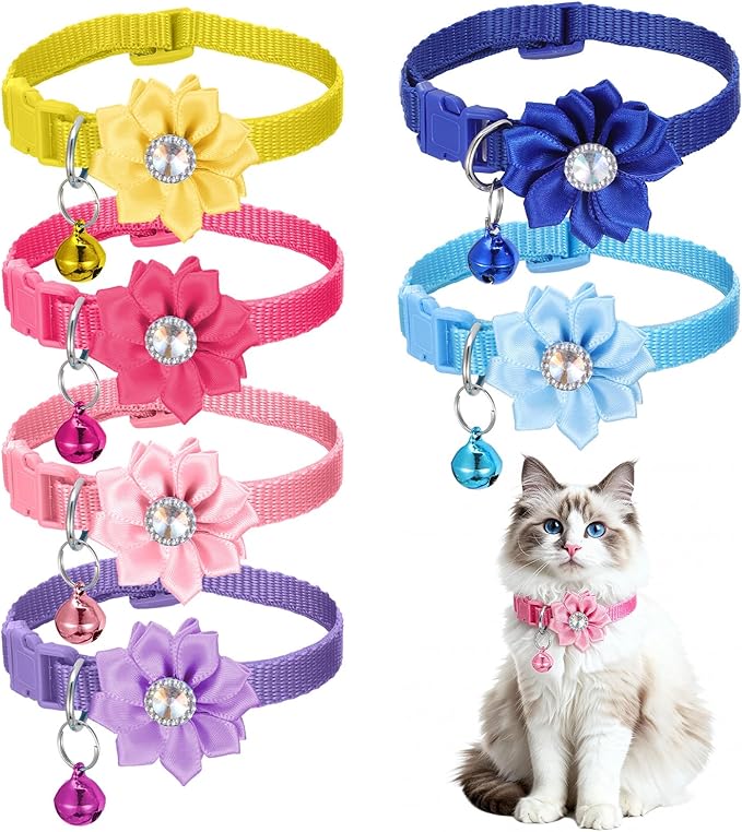 Tweruna 6 PCS Flower Kitten Collar with Bell, Adjustable Cute Cat Collar with Rhinestone for Female, Breakaway Small Kitten Collars, 6 Colors
