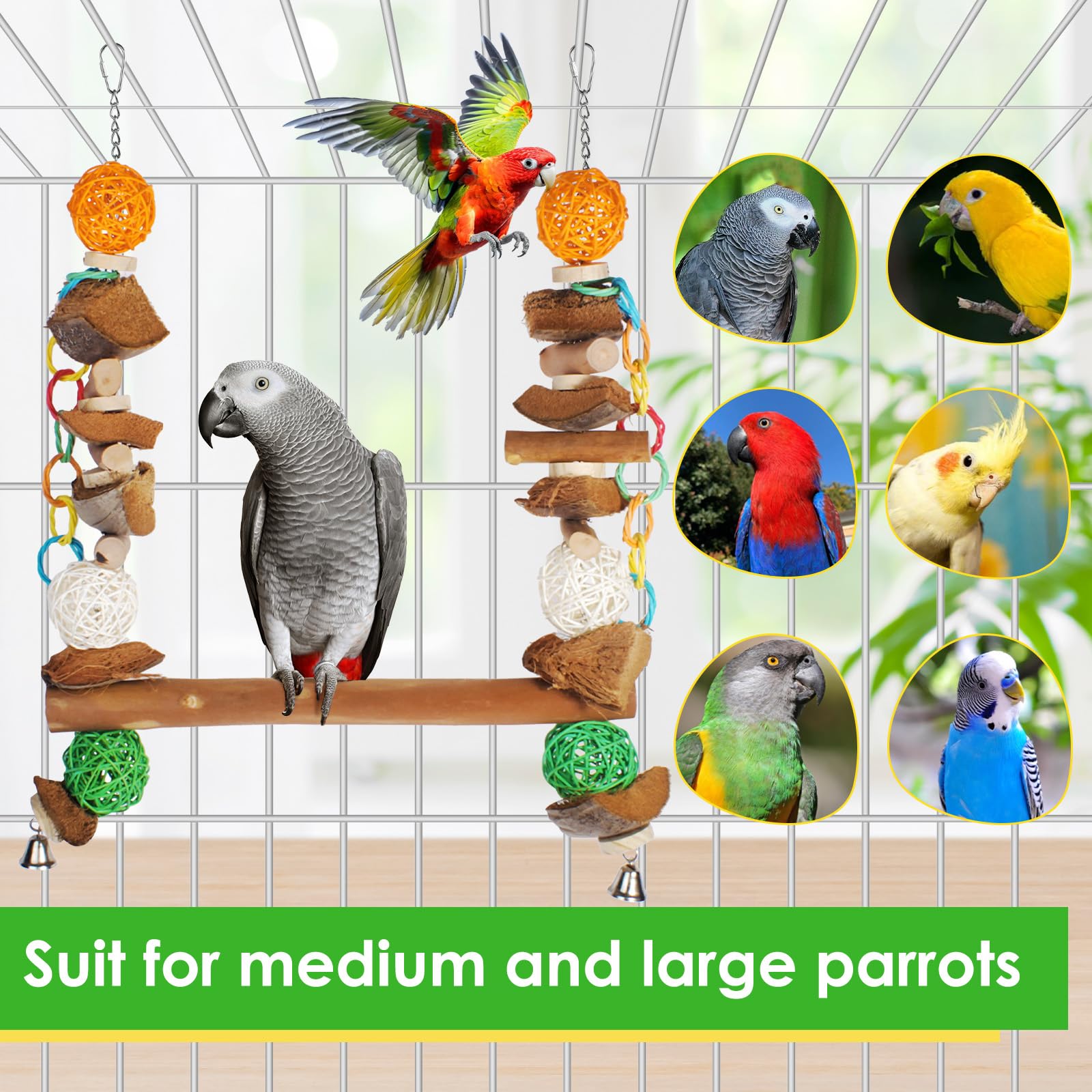 unimaxlink 3-in-1 Parrot Toys Natural Coconut Fiber Parrot Hammock (Swing + Perch + Chew Toy) Natural Bird Perches for Medium Large Birds - 23" Bird Toys for Parrots Stand
