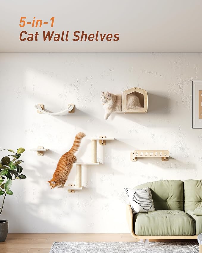 KinoTail 5-in-1 Cat Wall Shelves for Large Cat, Large Hammock, Wide Perch