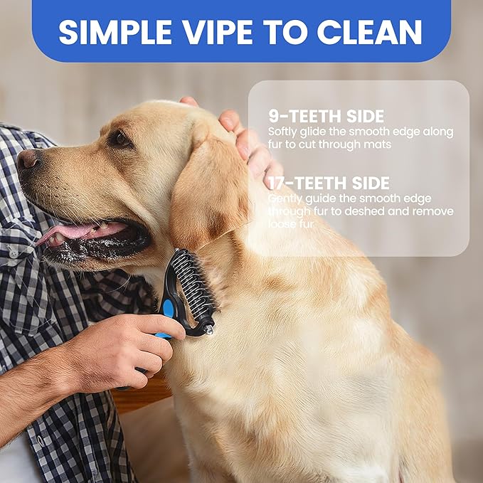 Double-Sided Pet Grooming Rake - 4-in-1 Professional Pet Grooming Kit Deshedding Dematting Tool for Dogs Cats Extra-Wide Grooming Brush & Deshedder Comb for Long & Short Haired Pets (Blue Kit 4PCS)