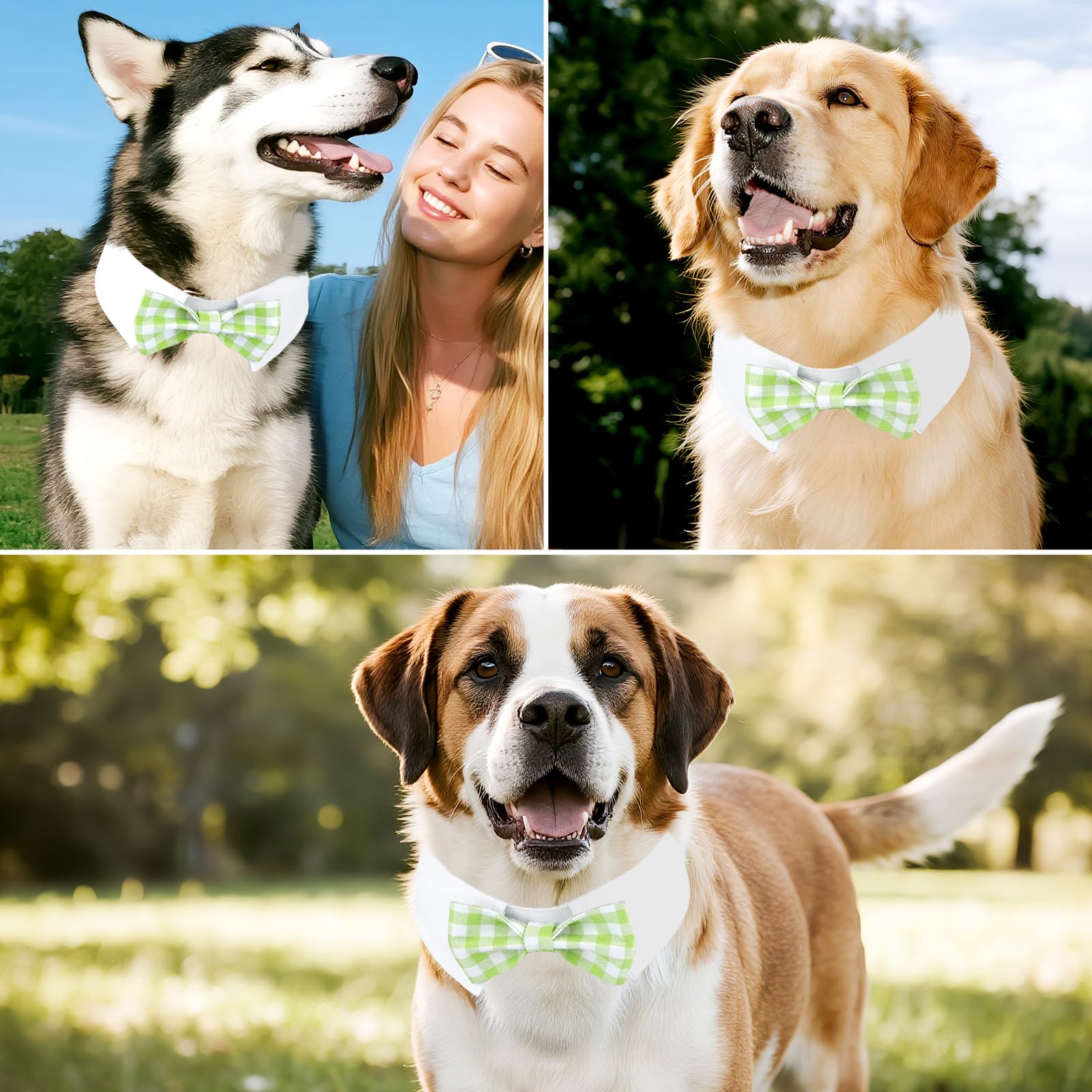 Segarty Dog Bow Tie for Neck Girths 16.5-21.2in, Adjustable Green Plaid Bowtie Collar for Extra Large Dog, Pet Necktie Comfortable Cotton Grooming Accessories for Formal Wedding Holiday Birthday Party