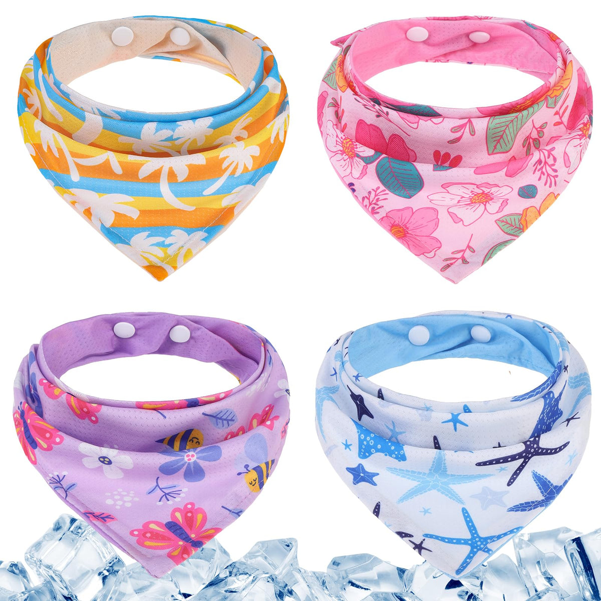 PAWCHIE Dog Cooling Bandana Small, 4 Packs Ice Cool Pet Triangle Scarf Bibs Reversible Styles, Summer Adjustable with Two Snaps, Kerchief Set Accessories for Dogs, Puppy, Cats