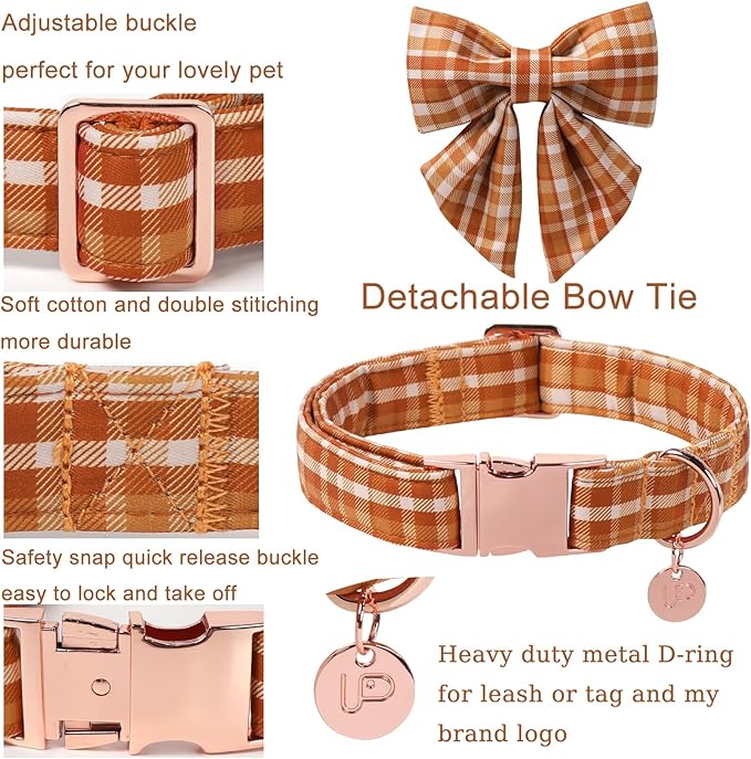 UP URARA PUP Fall Plaid Dog Collar and Bow Tie Set – Brown Orange Checkered Adjustable Collar with Maple Leaf Charm for Small Medium Large Dogs, Soft Cotton Puppy Collar with Quick Release Buckle