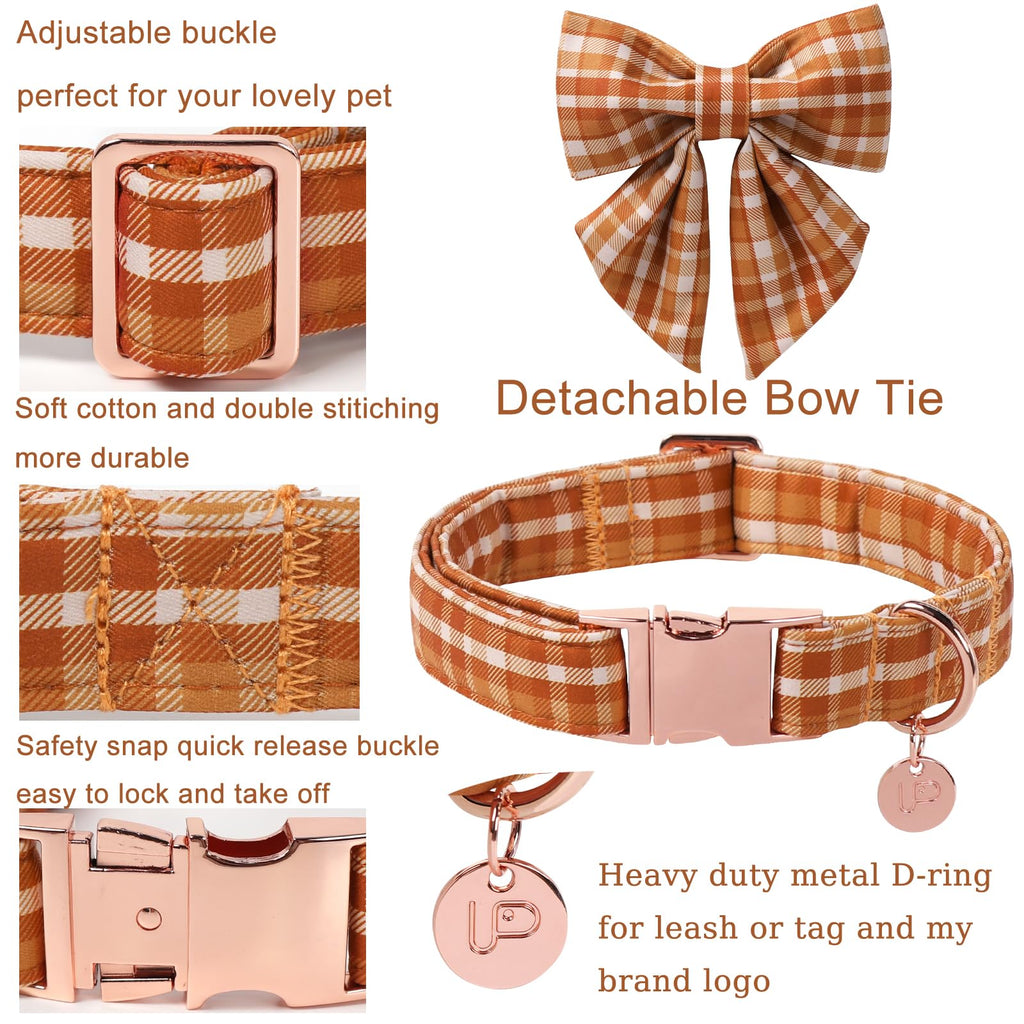 UP URARA PUP Fall Plaid Dog Collar and Bow Tie Set – Brown Orange Checkered Adjustable Collar with Maple Leaf Charm for Small Medium Large Dogs, Soft Cotton Puppy Collar with Quick Release Buckle