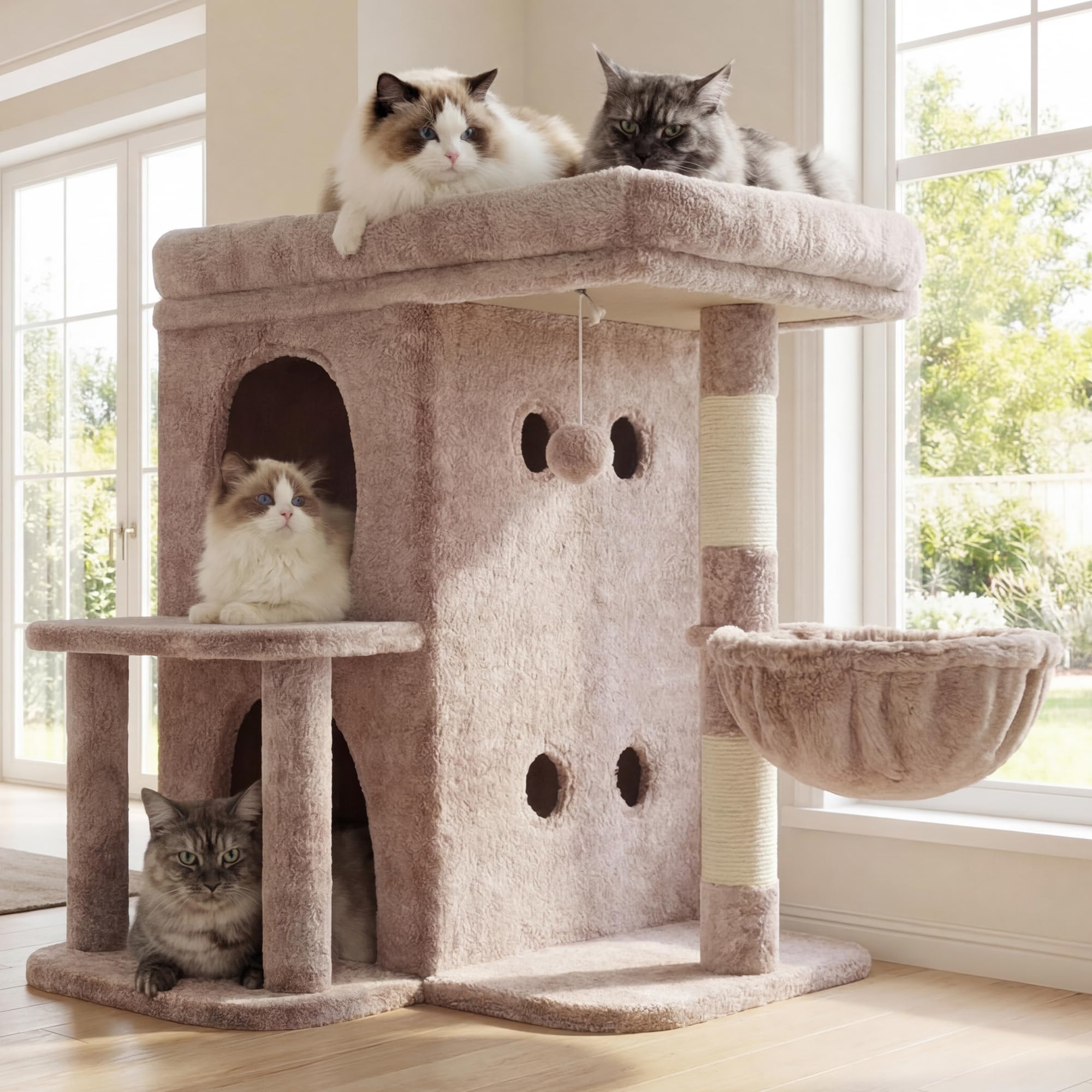 Heybly 25.6" Cat Tree for Large Cats with Big Perch & Dual Condos HCT204SMU