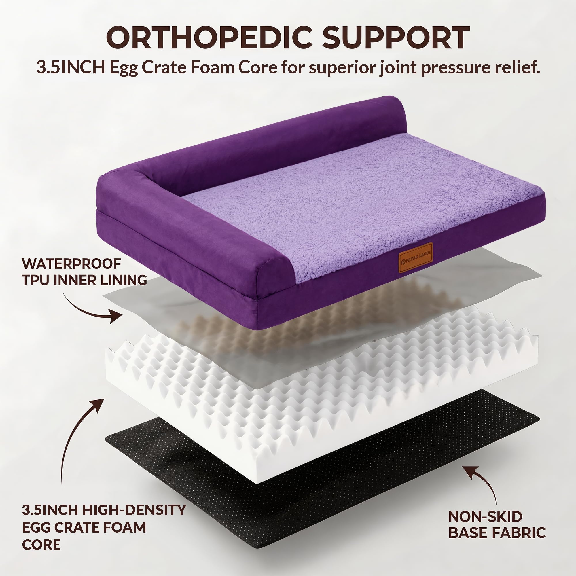 Patas Lague Orthopedic Medium Dog Bed Washable Pet Sofa Bed 30''X20''Purple