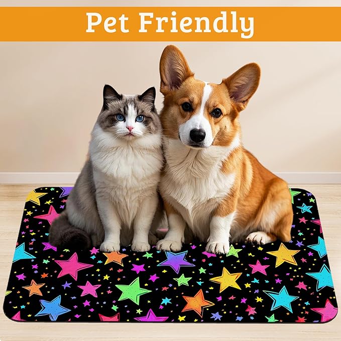 Neon Stars Dog Food Mat,Bright Colorful Absorbent Pet Feeding Mat for Food and Water Bowl,Quick Dry Dog Placemat Non Slip Rubber Backing Waterproof Pet Supplies 16" x 24"