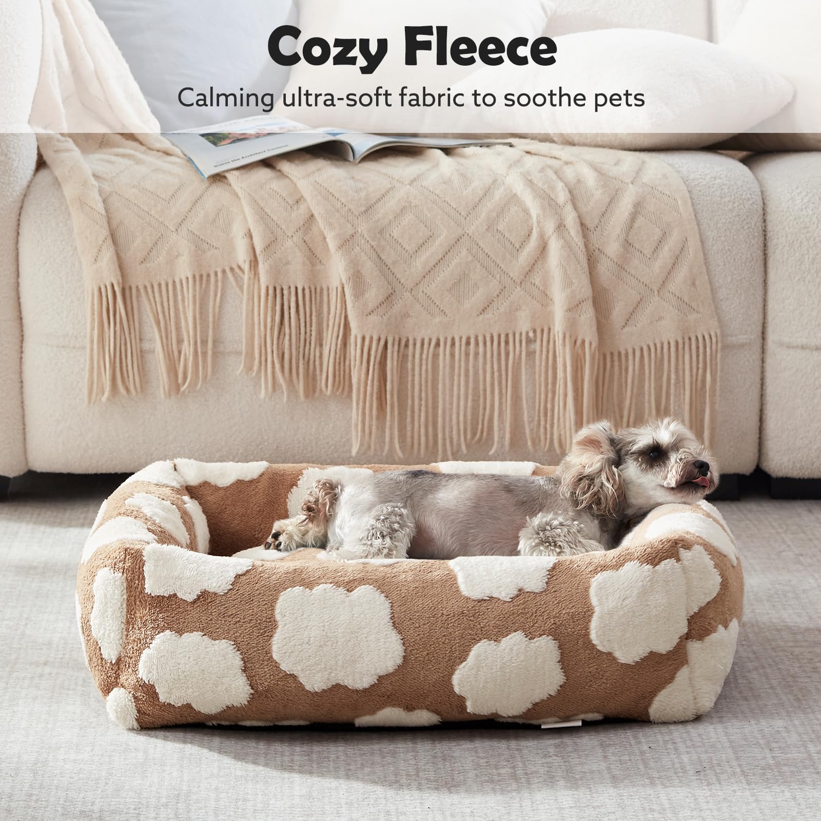 JOEJOY Medium Dog Bed Medium Size Dog, Rectangle Washable Orthopedic Pet Bed with Removable Zipper Cover, Cute Soft Calming Puppy Pet Bed with Jacquard Shaggy Plush & Non Skid Bottom