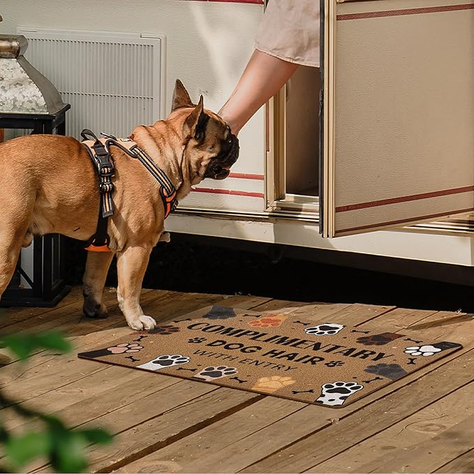 Complimentary Dog Hair with Entry Door Mat, Cute Dog Paws Print Artificial Coir Front Door Mat Indoor Outdoor Entrance, Funny Paw Welcome Doormat Rug for Porch Entryway Patio Decor, 17X30 Inch