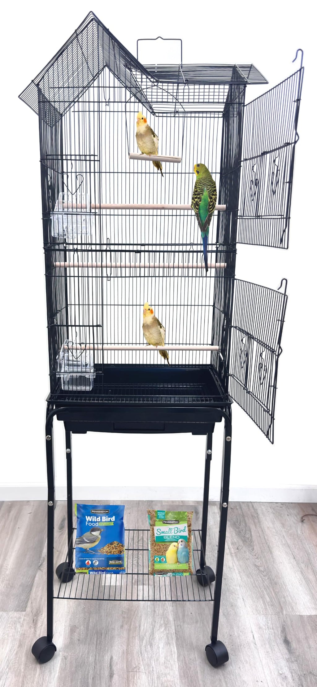63" Roof Top Bird Flight Parrot Pet House Home Cage with Removable Rolling Stand for Cockatiel Sun Conure Parakeet Finch Budgie Lovebird Canary