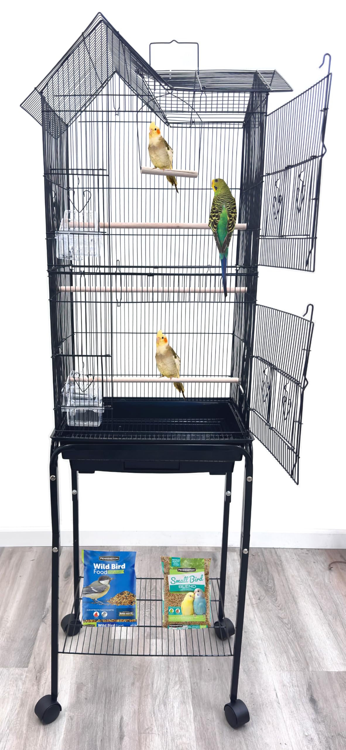 63" Roof Top Bird Flight Parrot Pet House Home Cage with Removable Rolling Stand for Cockatiel Sun Conure Parakeet Finch Budgie Lovebird Canary