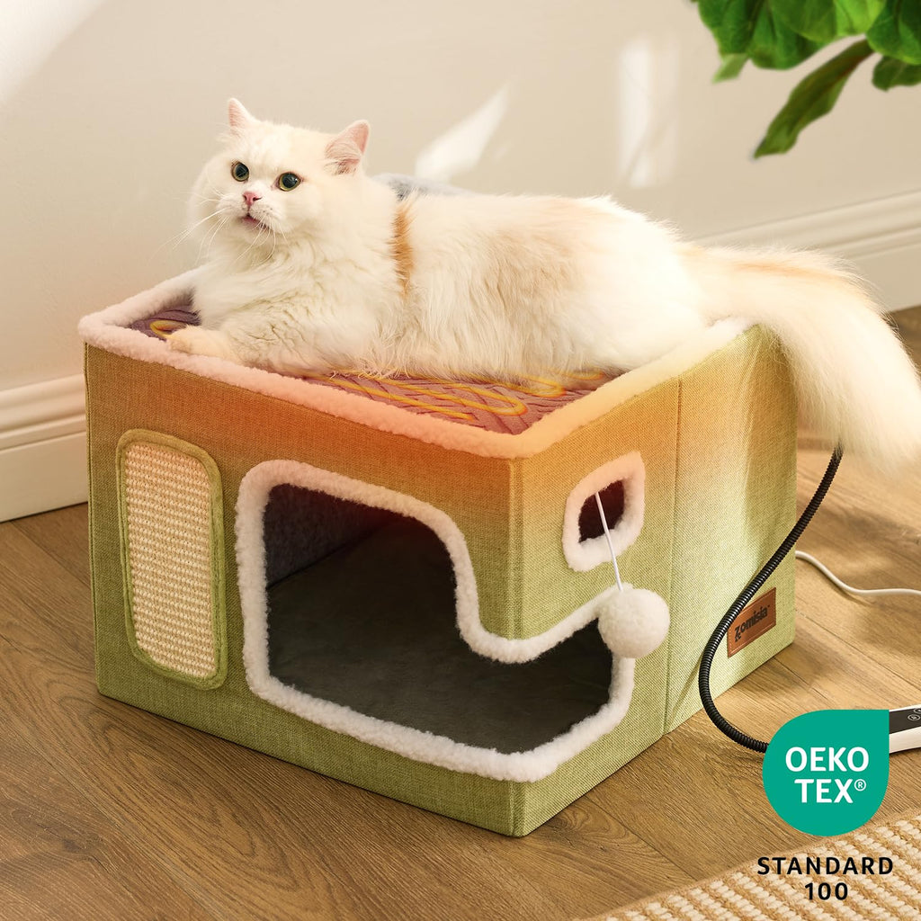 ZOMISIA Heated Cat House for Indoor Cats - Cat Warming Bed for Winter with Fluffy Ball Hanging and Adjustable Heating Pad, Foldable Cat Hideaway,16.5x16.5x13 inches, Navy Blue