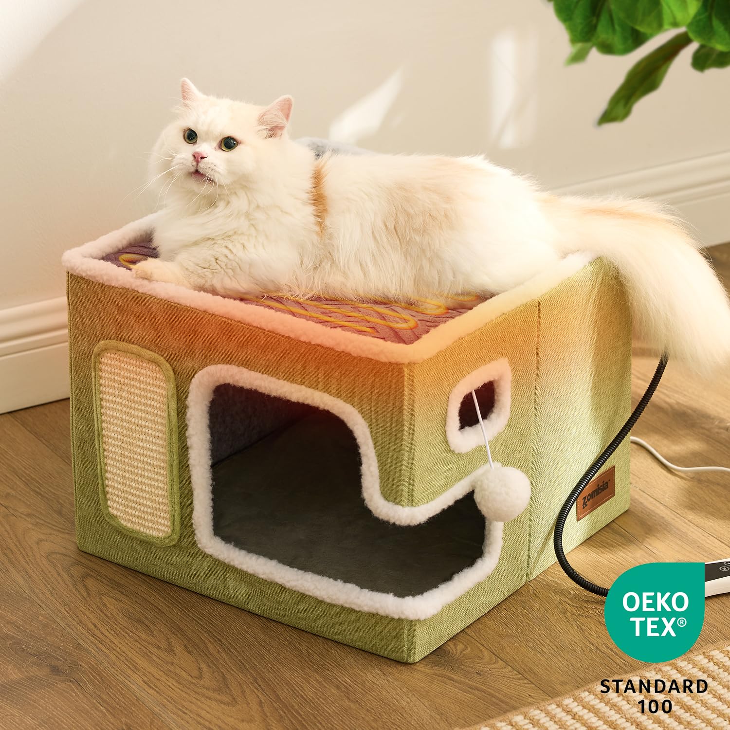 ZOMISIA Heated Cat House for Indoor Cats - Cat Warming Bed for Winter with Fluffy Ball Hanging and Adjustable Heating Pad, Foldable Cat Hideaway,16.5x16.5x13 inches, Navy Blue