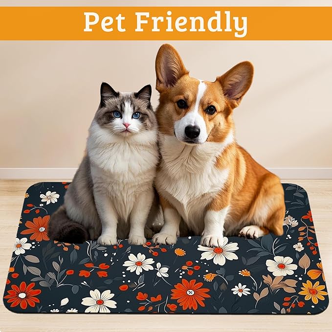 Floral Black Feeding Mat, Absorbent Quick-Dry Cat Dog Food and Water Bowl Mats,Non-Slip Rubber Backing Mat,Cat Dog Accessories Supplies 12" x 20"
