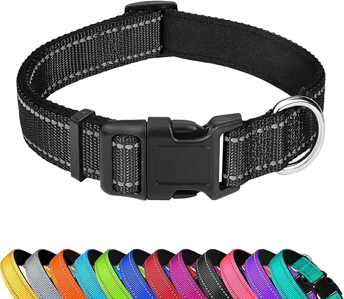 PWOD Reflective Dog Collar, Adjustable Soft Neoprene Padded Nylon Pet Collars with Buckle for Medium Dogs, Black,M