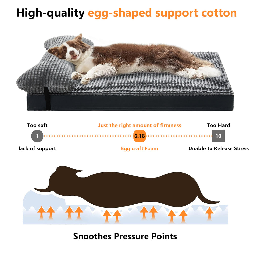 KISYYO Orthopedic L Dog Beds for Large Dogs with Removable Washable Cover and Removable Pillow for Crate,Waterproof Extra Large Dogs Mat, Grey, 35x23
