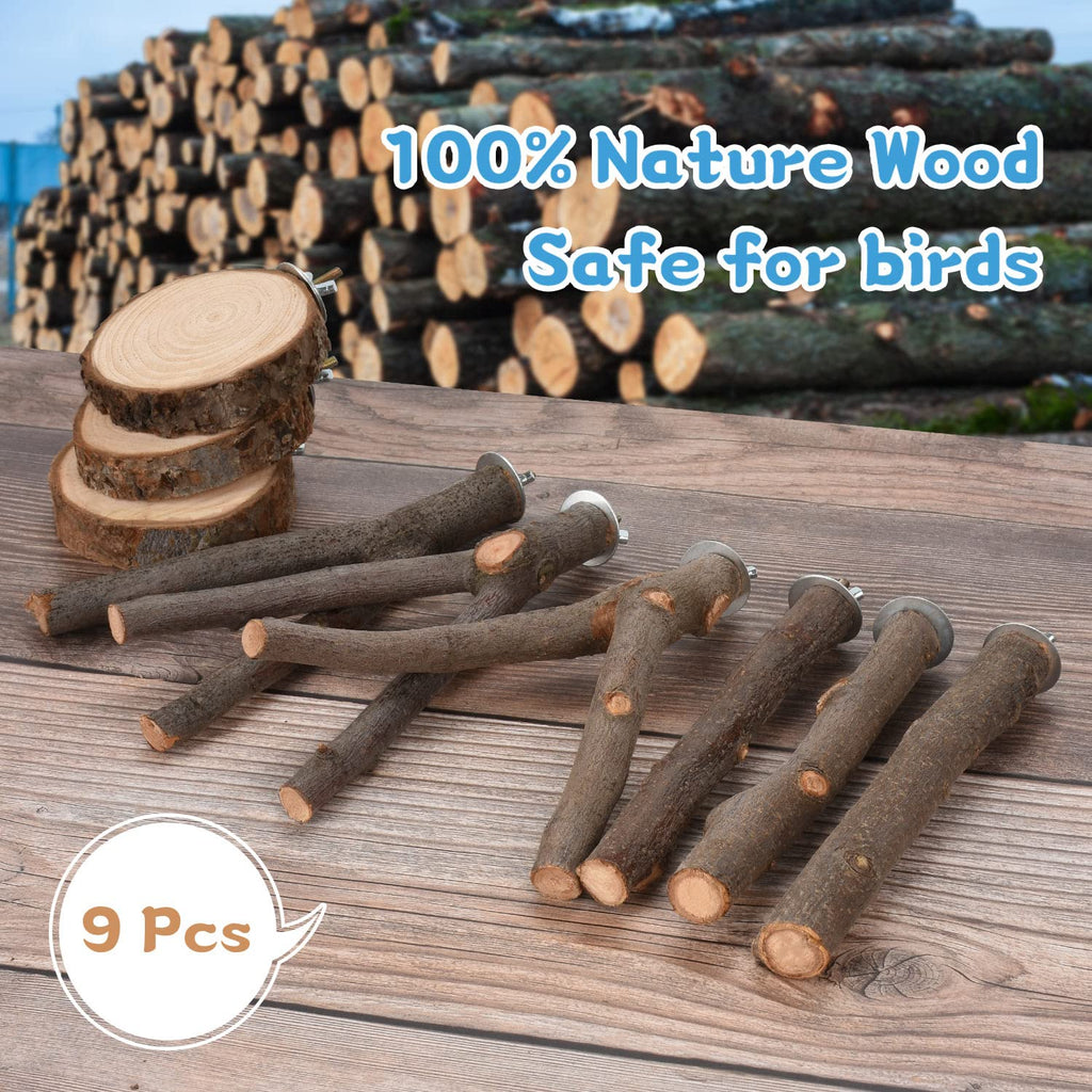 9 PCS Natural Wood Bird Perch, Wooden Parrot Perch Stand