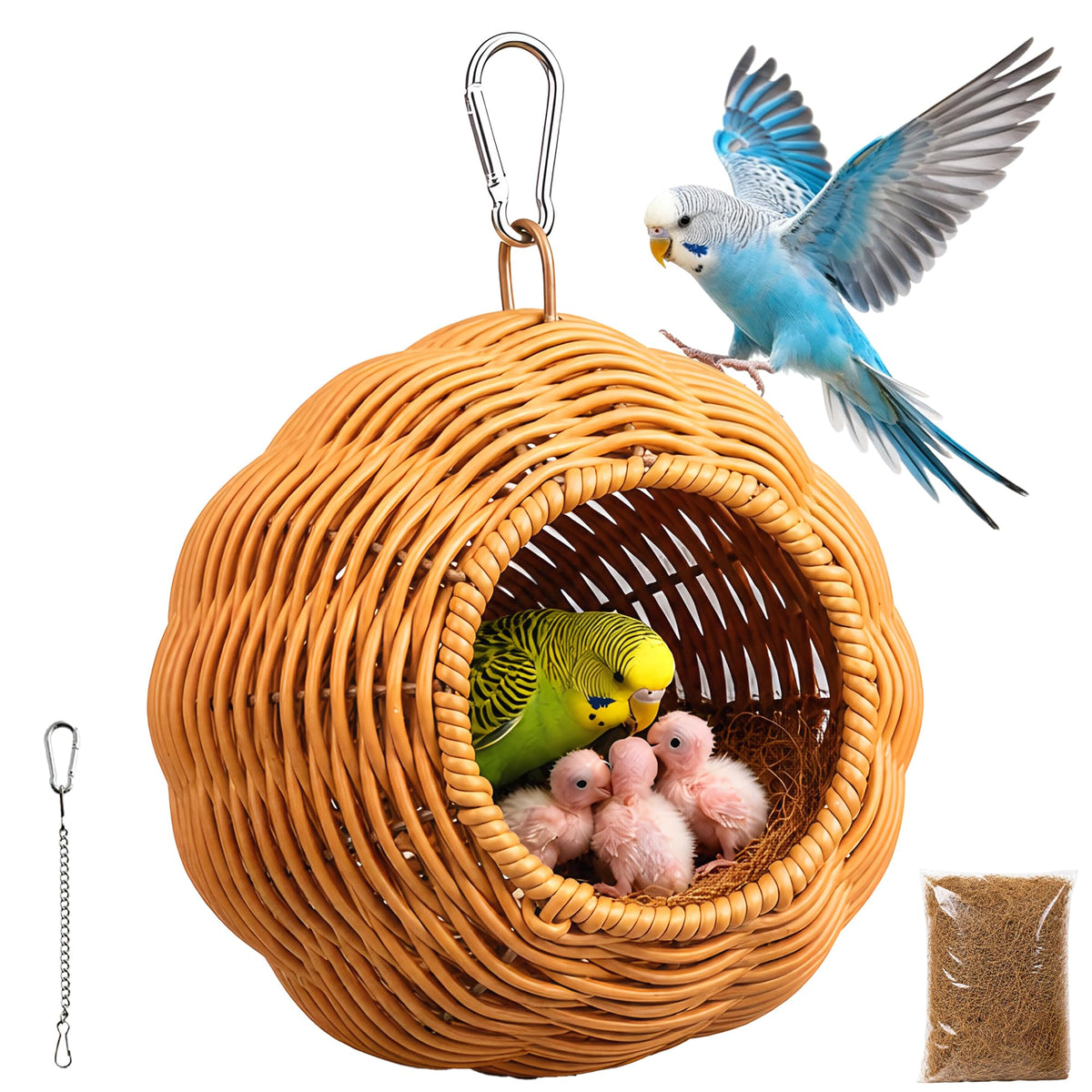 TYDBT Bird Nest for Cage, Hanging Rattan Parrot Bed, Washable Breathable for Parakeets Cockatiels Lovebirds(Circular Opening)