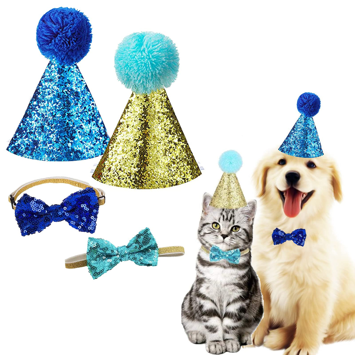 Christmas Pet Party Jazz Hat and Blingbling Bow Tie Breakaway Collar Set, Adjustable Headband for Kitten Puppy Small Dogs Cats (2/LB-Pink2)