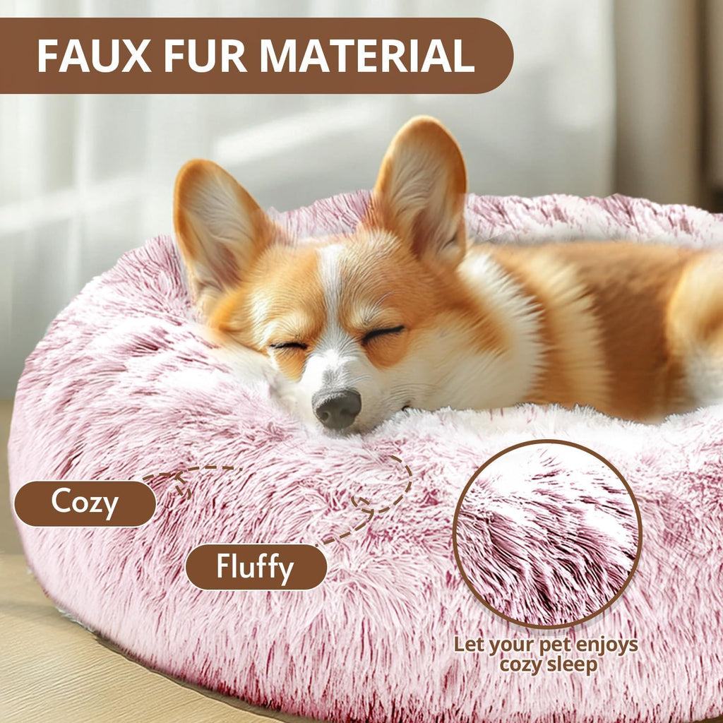 JOLLYVOGUE Calming Dog Bed Medium Size Dog, Anti-Anxiety Donut Medium Pet Bed, 27 inches Fluffy Faux Fur Round Cat Bed (Smoke Pink)