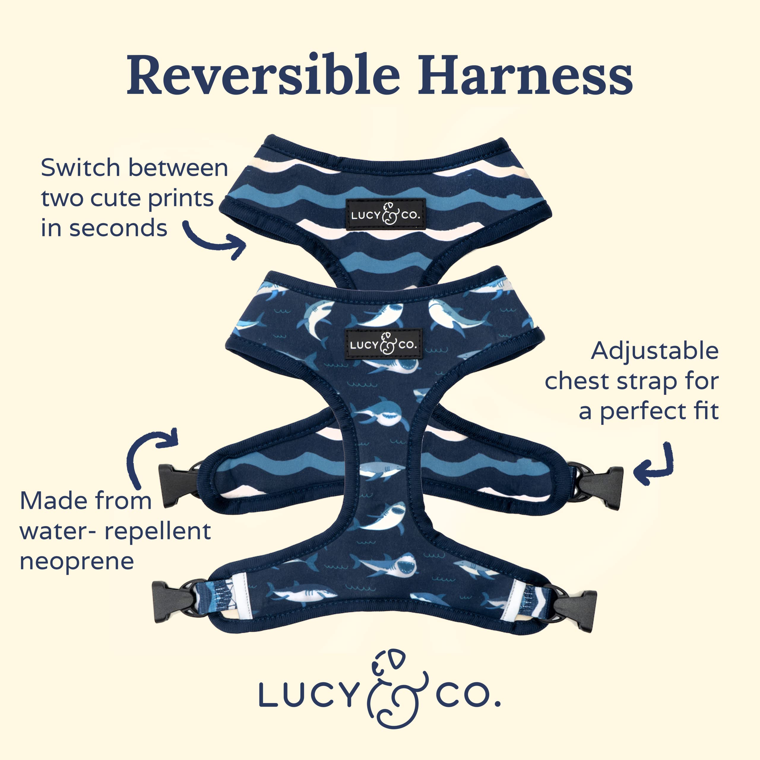 Lucy & Co. Reversible Dog Harness - Water-Repellent Neoprene, Dual-Print Design, Easy Swap Style, Adjustable Comfort Fit - Shark Attack Reversible Harness - X-Small