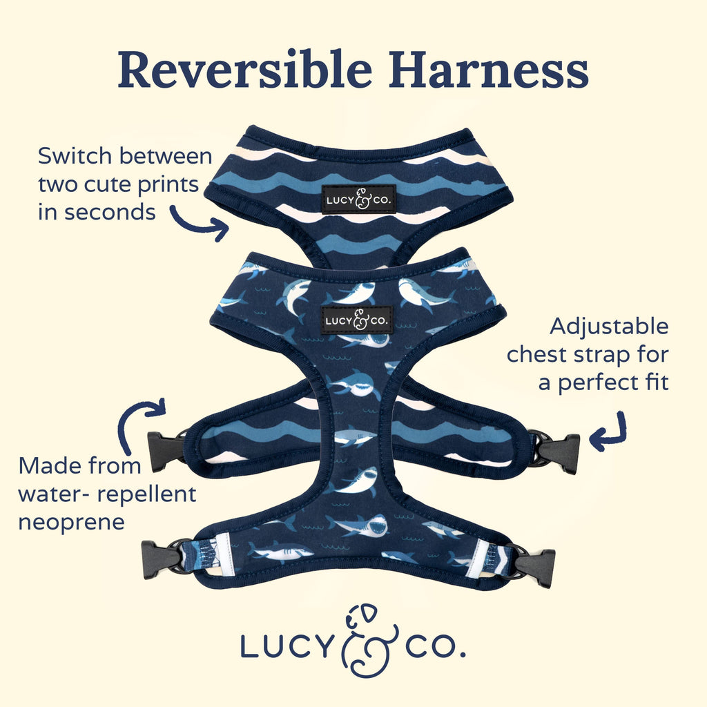 Lucy & Co. Reversible Dog Harness - Water-Repellent Neoprene, Dual-Print Design, Easy Swap Style, Adjustable Comfort Fit - Shark Attack Reversible Harness - Large