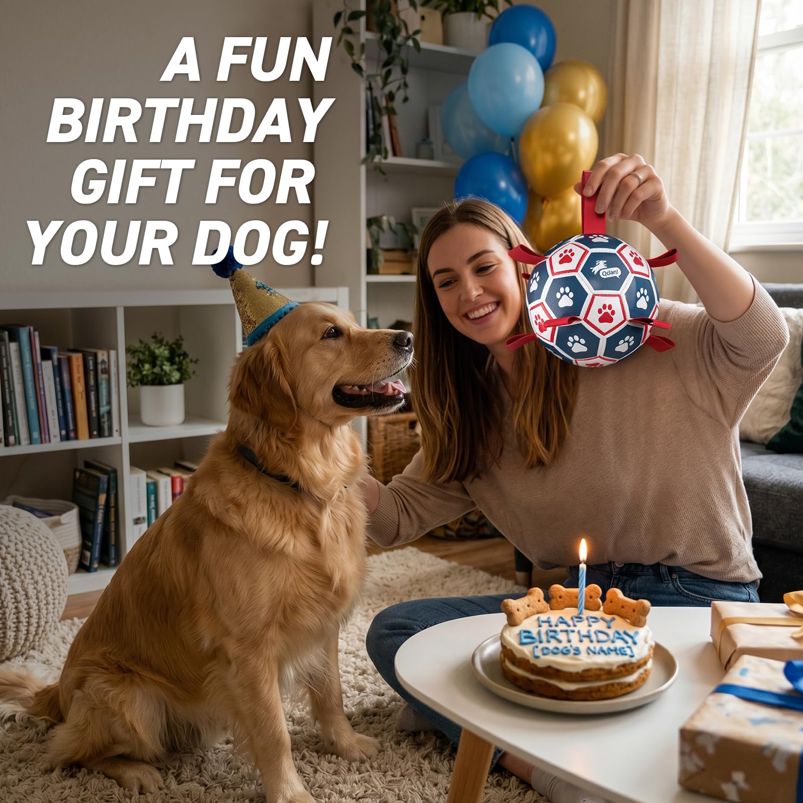 QDAN Dog Toys Soccer Ball with Straps：Durable Balls for Large Dogs, Outdoor Dog Toys, Puppy Birthday Gifts (7 Inch)