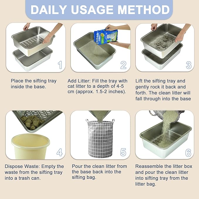 Teheao Stainless Steel Sifting Cat Litter Box for Clumping Litter, XL Extra Large Metal Sifter Tray Pan with Cat Litter Bag, Low Dust, Odor Control, Easy Cleaning (23.6"*15.7"*5.9")