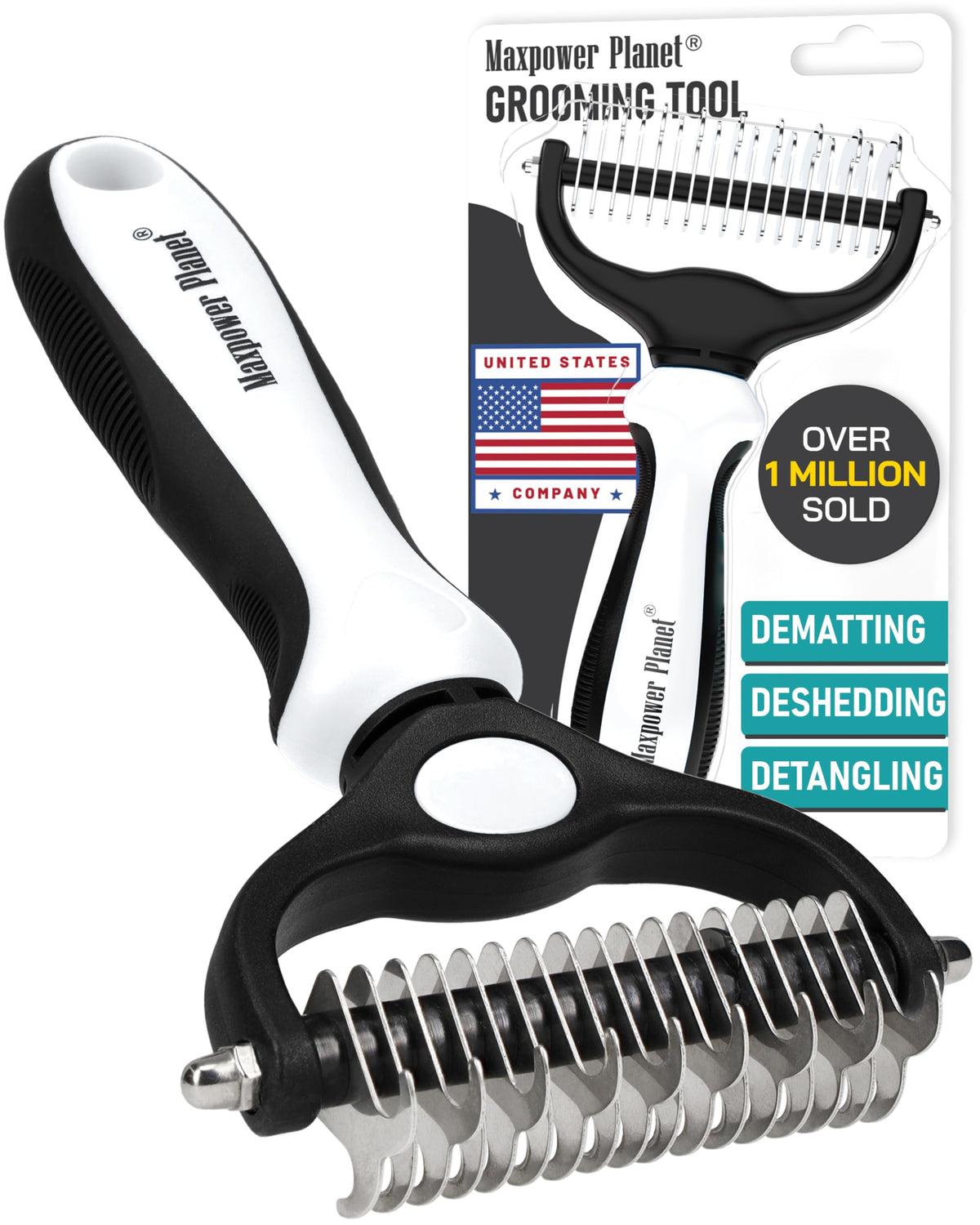 Maxpower Planet Pet Grooming Brush - Double Sided Dematting Undercoat Rake for Dogs and Cats, Extra Wide Pet Brush to Reduce Shedding by 95% (Blue, S)