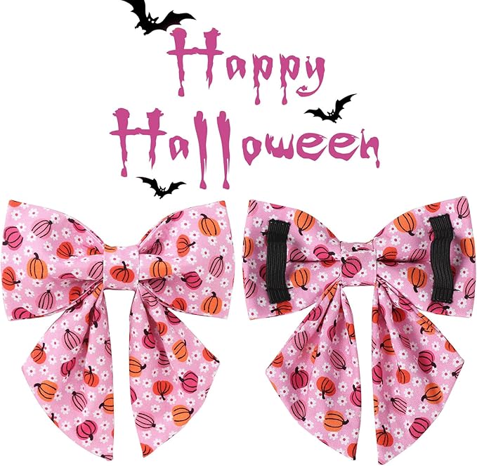 UP URARA PUP Halloween Pumpkin Dog Collar with Bow Tie, Pink Halloween Puppy Bowtie Collar with Adjustable Metal Buckle,Fancy Dog Collar Bowtie for Girl Boy Dog,XL
