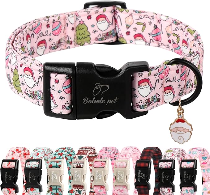 Babole Pet Christmas Dog Collar for Large Dogs - Cute Santa Print Pink Christmas Collars for Dogs, Soft Adjustable Winter Holiday Dog Collars with Quick Release Buckle L