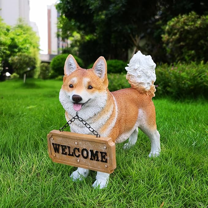 UNOIRNM Akita Statue Outdoor Decorations – Dog Statues Outdoor Standing Yellow Akita with Replaceable Solar Light & Welcome Sign for Porch Décor