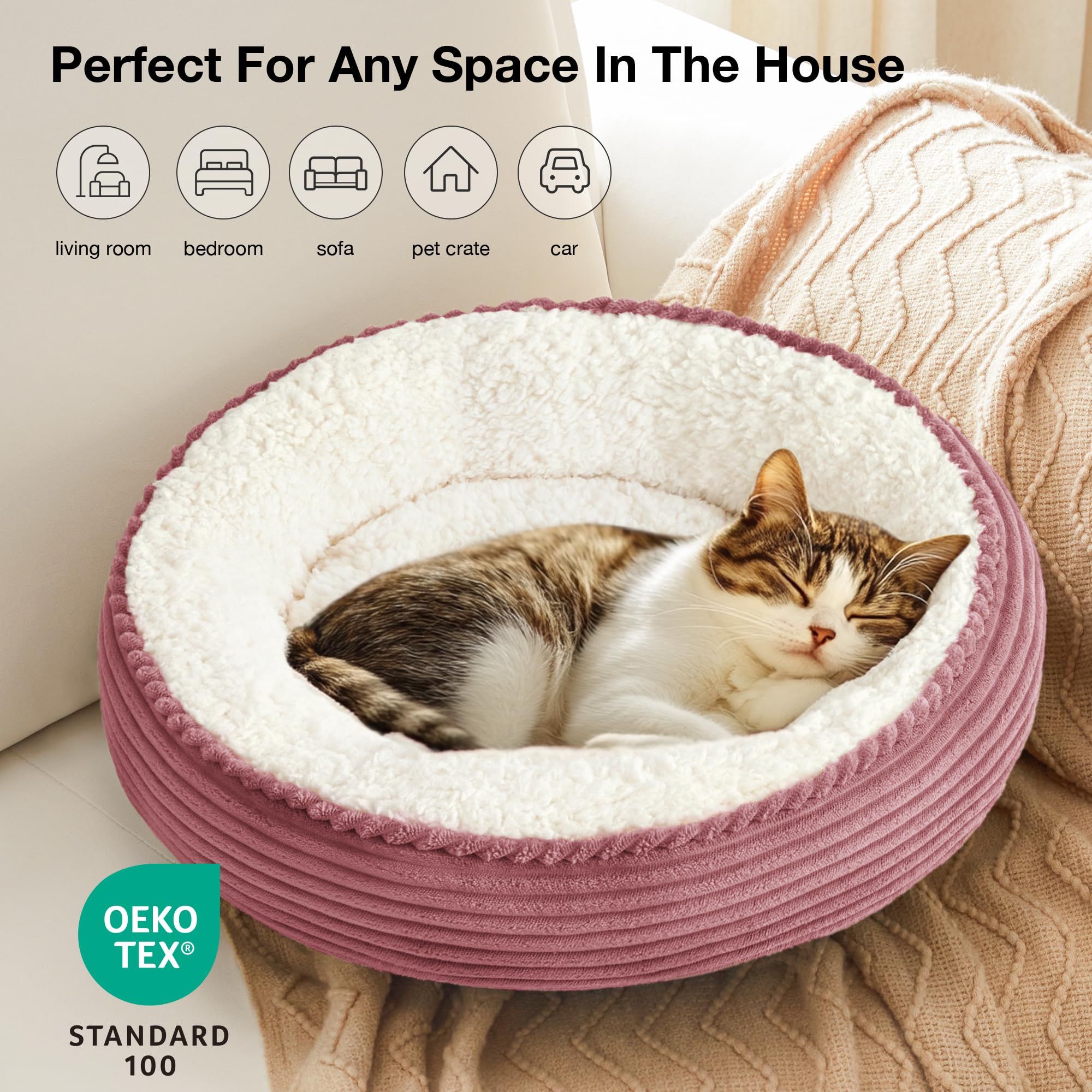 Love's cabin Round Donut Cat and Dog Cushion Bed, 20in Pet Bed for Cats or Small Dogs, Anti-Slip & Water-Resistant Bottom, Super Soft Durable Fabric Pet beds, Washable Luxury Bed Dusty Rose Stripe