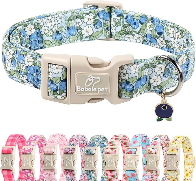 Babole Pet Blueberry Pattern Dog Collar, Cute Light Blue Spring Summer Puppy Collar - Soft Adjustable Designer Dog Collars for Small Medium Large Dogs XL