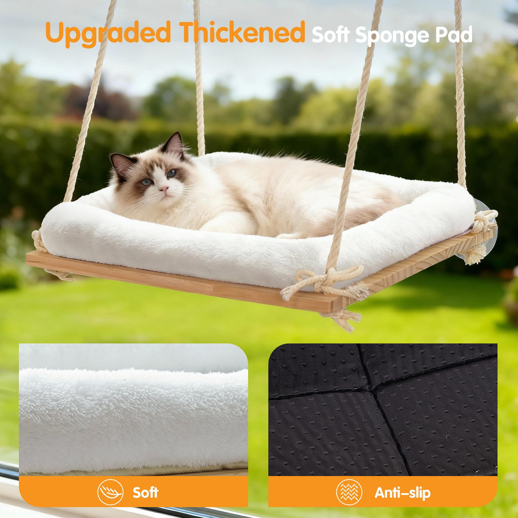 Anywish Cat Window Perch Hammock with Solid Wood Seat & Plush Cushion