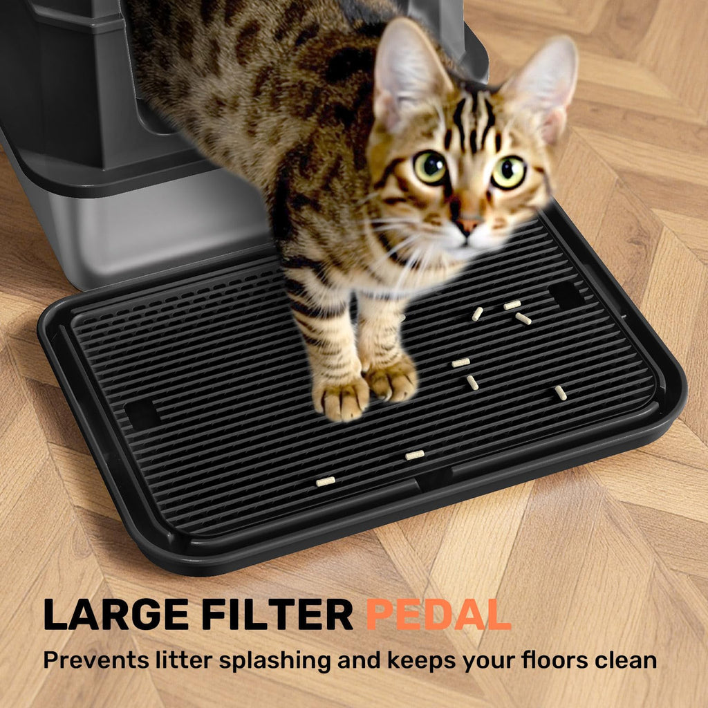 HAPAW Stainless Steel Litter Box with Lid, Anti-Leakage Enclosed Metal Litter Box, Flip-Top Extra Large Kitty Litter Pan with Scoop & Pedal, Odor Free, Front & Top Dual Entry, Black