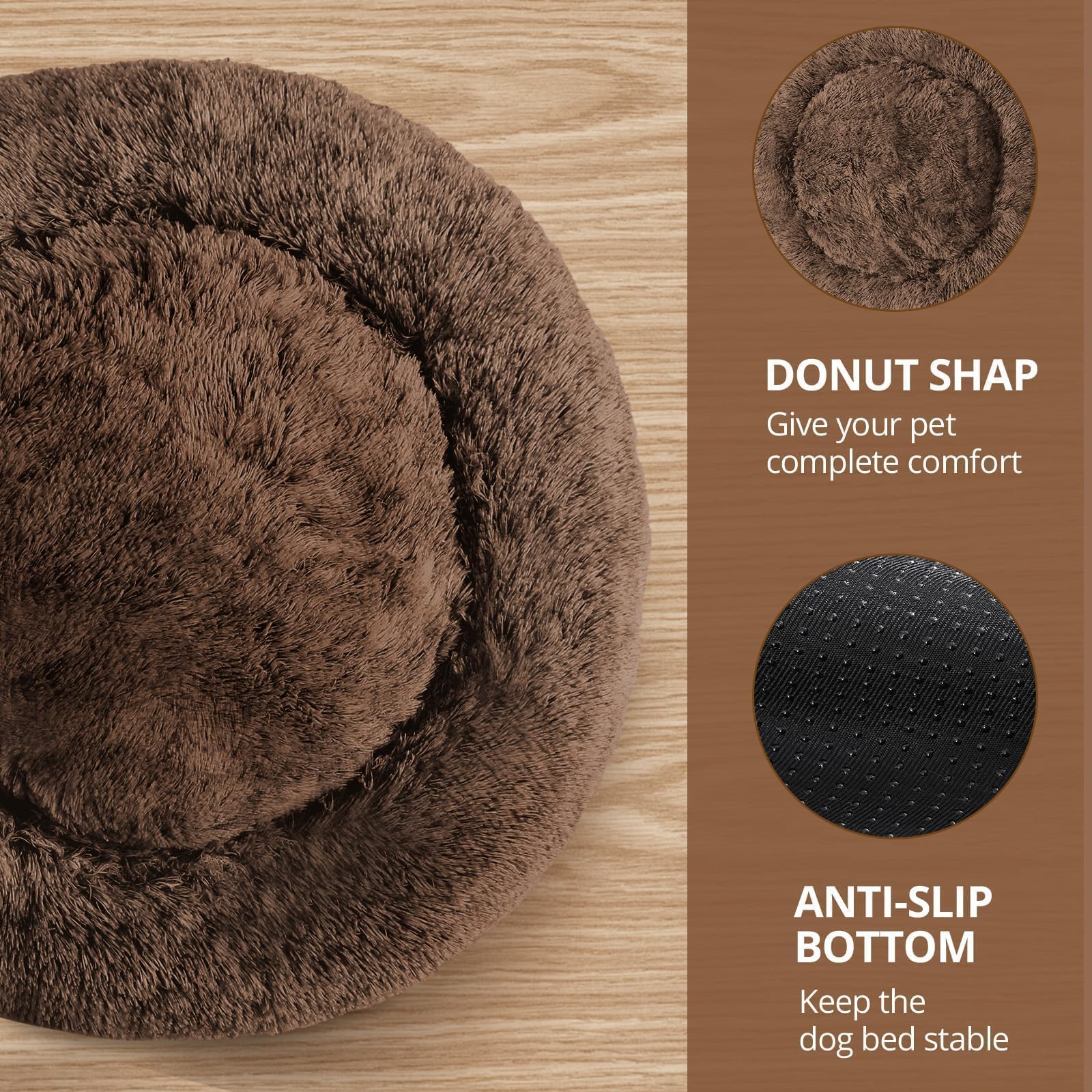 JOLLYVOGUE Calming Dog Beds Large Sized Dog, 36in Donut Washable Large Pet Bed, Anti-Slip & Anti-Anxiety Fluffy Faux Fur Round Dogs Bed, Fits up to 80 lbs Pets (Coffee)