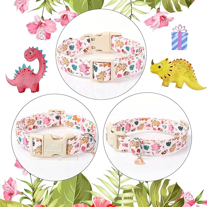 Babole Pet Cute Dinosaur Dog Collar, Adjustable Pink Dino Dog Collars for Large Dogs, Lightweight Quick-Release Buckle Birthday Collar for Boy&Girl Dogs L