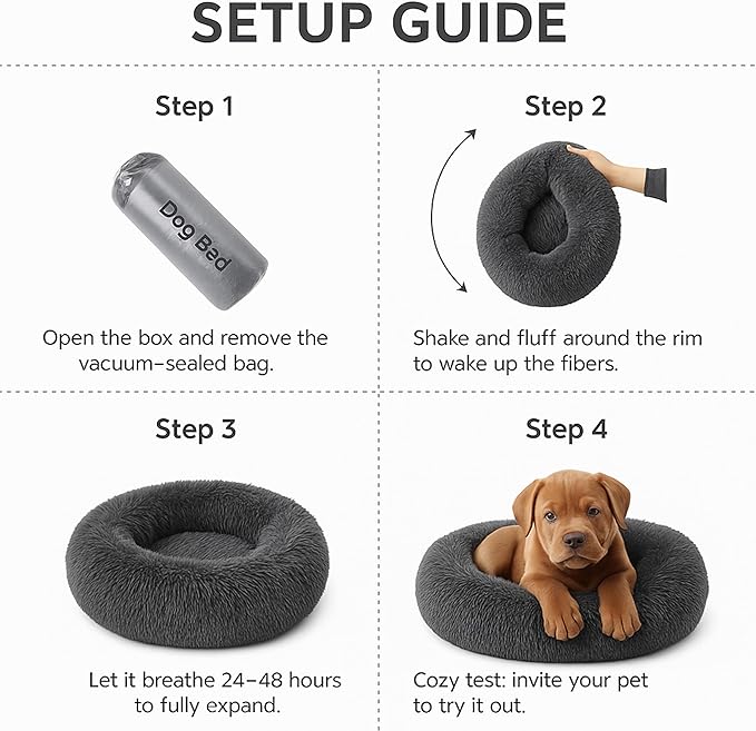 Calming Dog Bed - Fluffy Donut Cuddler for Anxiety Relief, Orthopedic Pet Bed with Non-Slip Bottom, Cozy Round Faux Fur Nest for Dogs and Cats, Plush Crate Mat for Comfort (Dark Grey, Small)