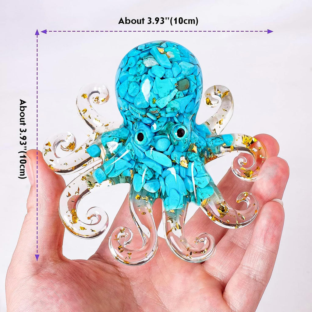 RJINGSHI Octopus Decor Aquarium Turquoise Decorative Resin Glass with Natural Crystal Stone Marine Animals Fish Tank Ornaments Statue Healing Home Decor Ladies Gift 3.93"