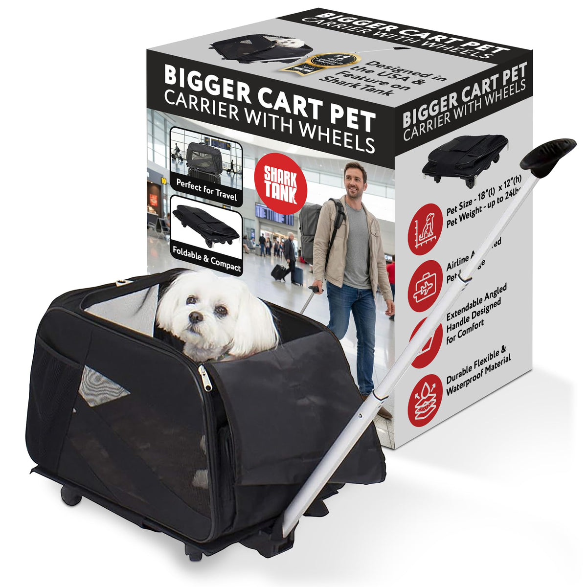 dbest products Pet Smart Cart, Medium, Black, Rolling Carrier with wheels soft sided collapsible Folding Travel Bag, Dog Cat Airline Approved Tote Luggage backpack