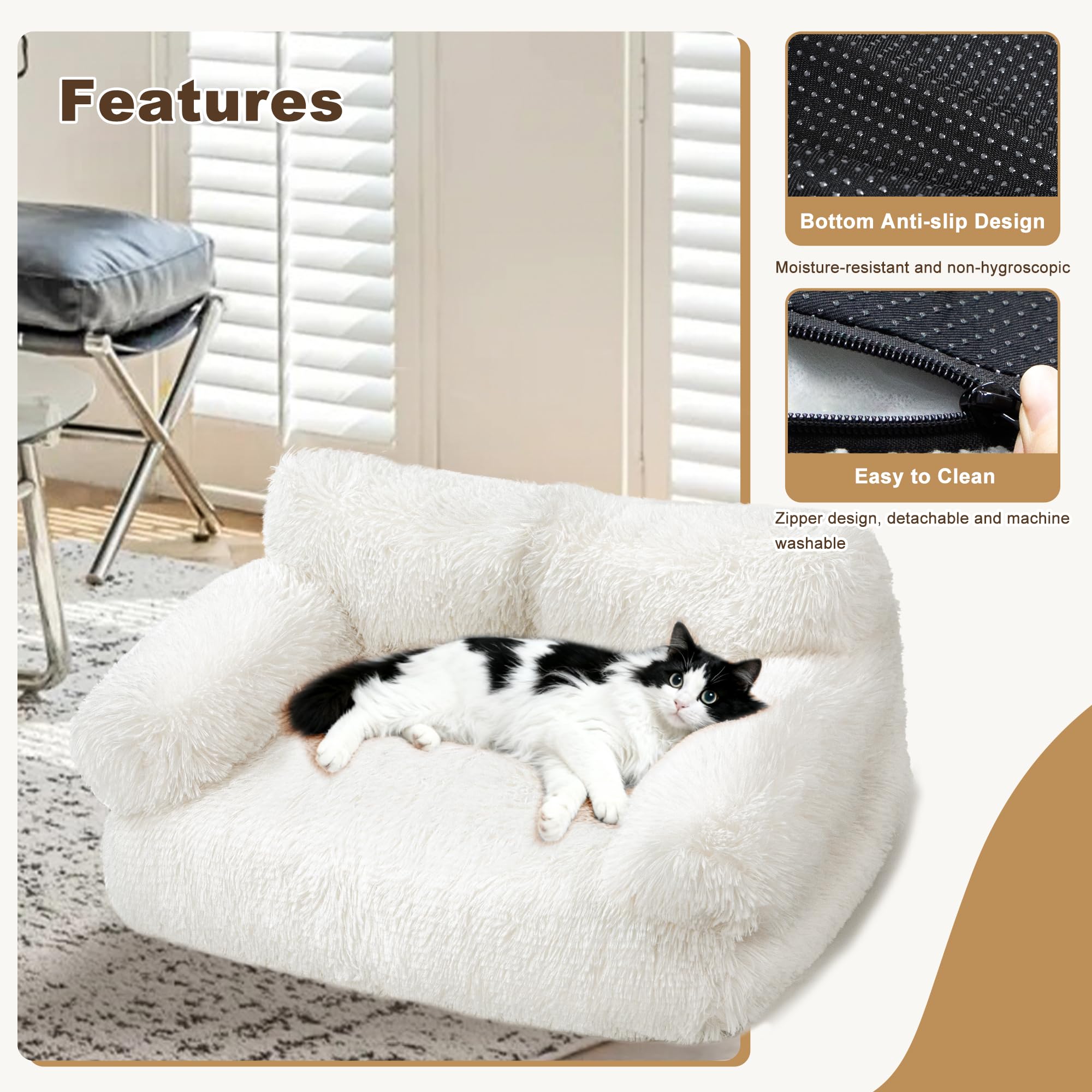 FURMORENE Large Cat Beds for Indoor Cats, Dog Couch Bed, Cute Cat Couch Sofas for Less 20lbs Kitten Puppy, Small Dog Sofas & Chairs with Removable Washable Cover, Soft Warm Pet Furniture, Plush White