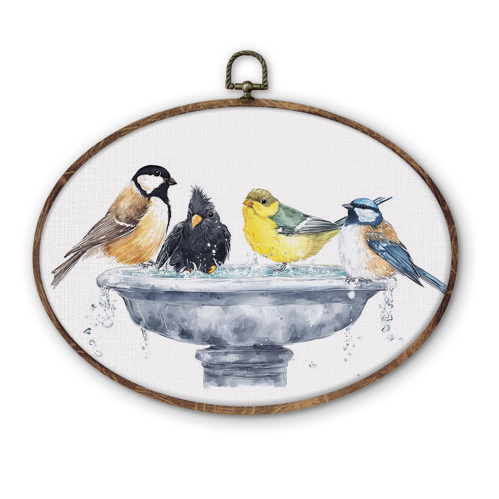 DILSJ Bird Oval Wall Art Decor, Country Bird Bath Canvas Wall Art Framed, Rustic Watercolor Birds Hanging Decorations for Bathroom Washroom Restroom Toilet, 8.5x11 Inch