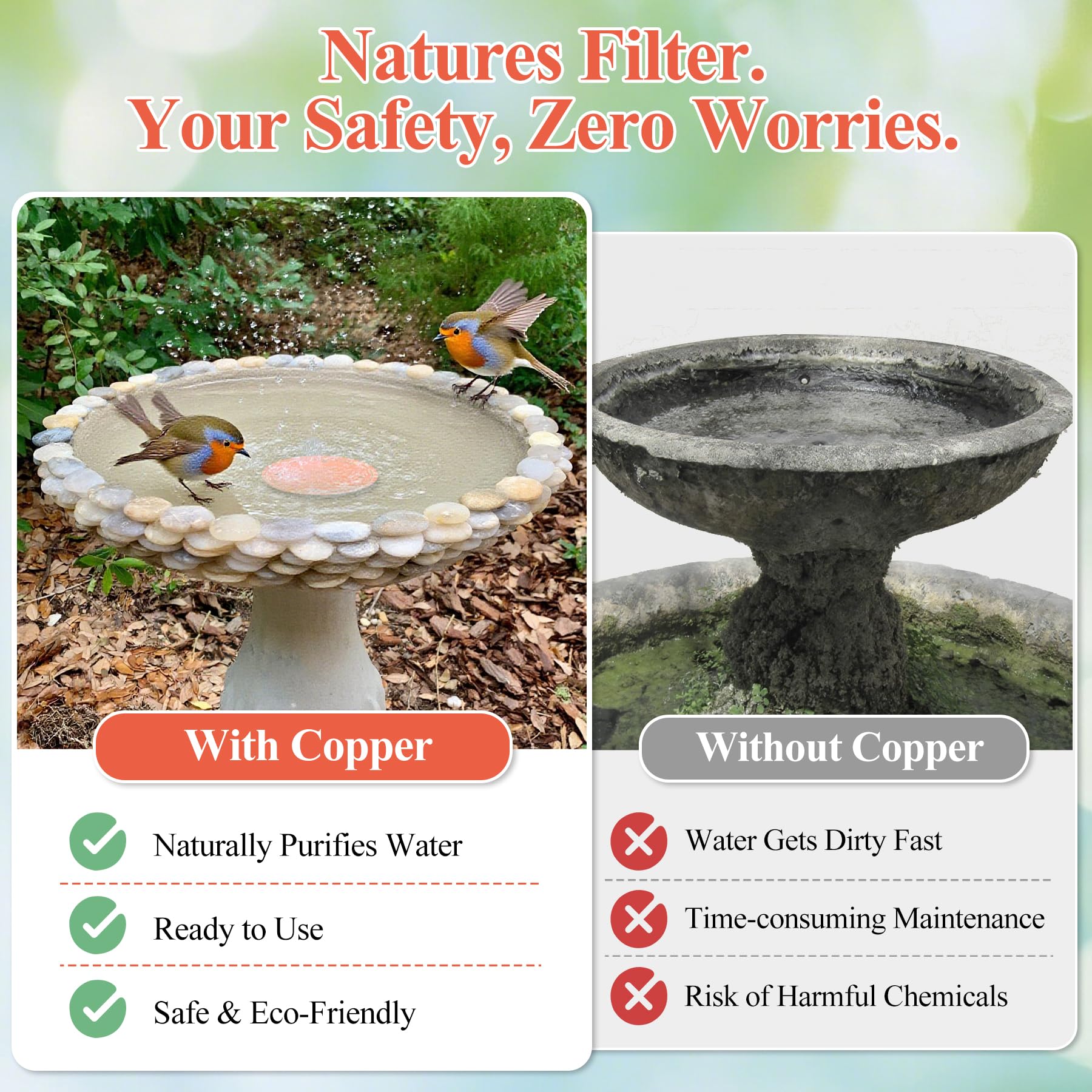 shinryoku Bird Bath Copper Disk, Premium 99.99% Pure Copper, Less Cleaning Frequency, 0.6mm Pure Copper Cleaning Disk, Bird Bath Accessories, Physical Safe Water Purify Outdoor Bird Bowls
