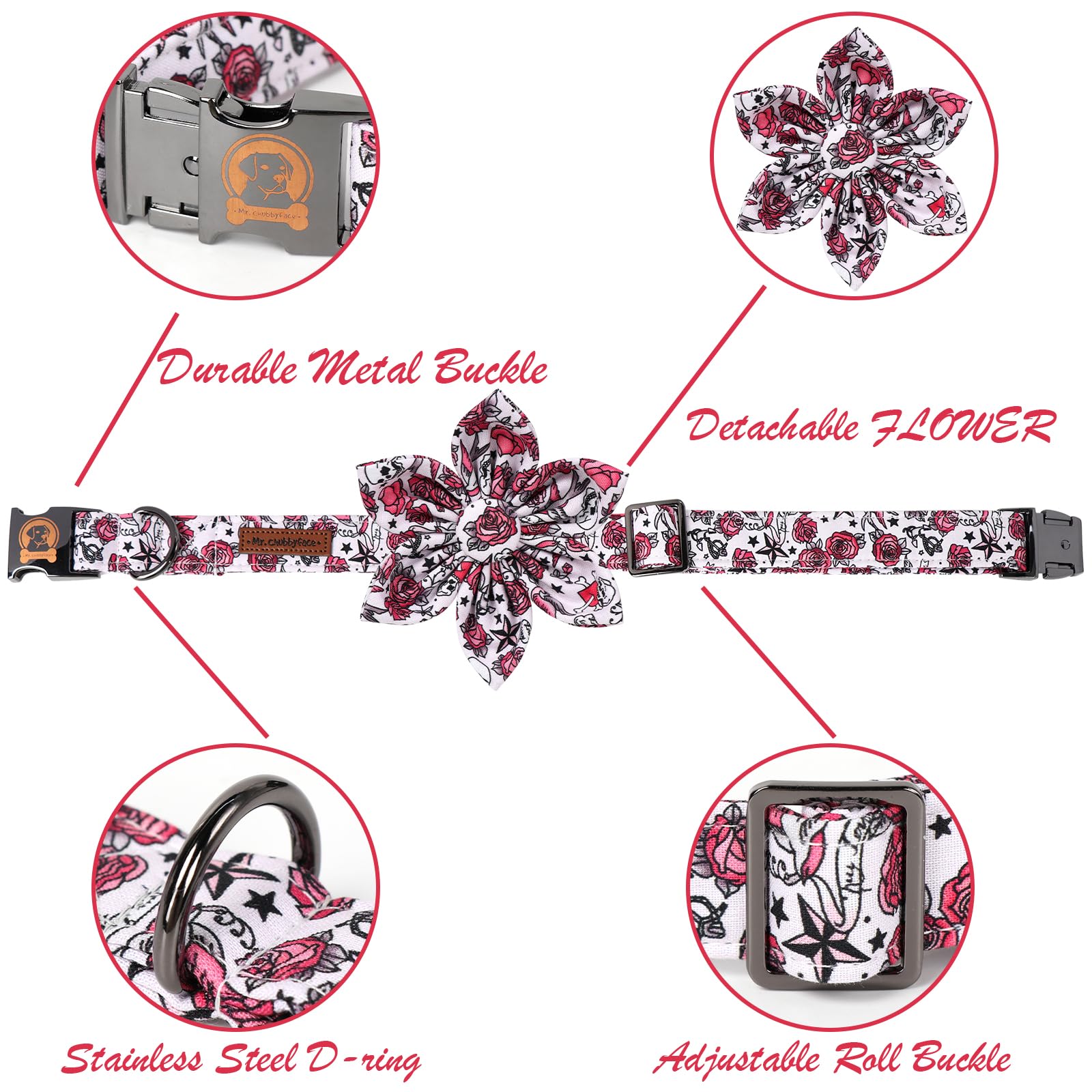 ·MR. CHUBBYFACE· Valentine's Dog Collar with Flower, Cute Pink Rose Cotton Dog Collar, Adjustable Valentine's Boy Girl Dog Collars with Metal Buckle for Small Medium Large Dogs