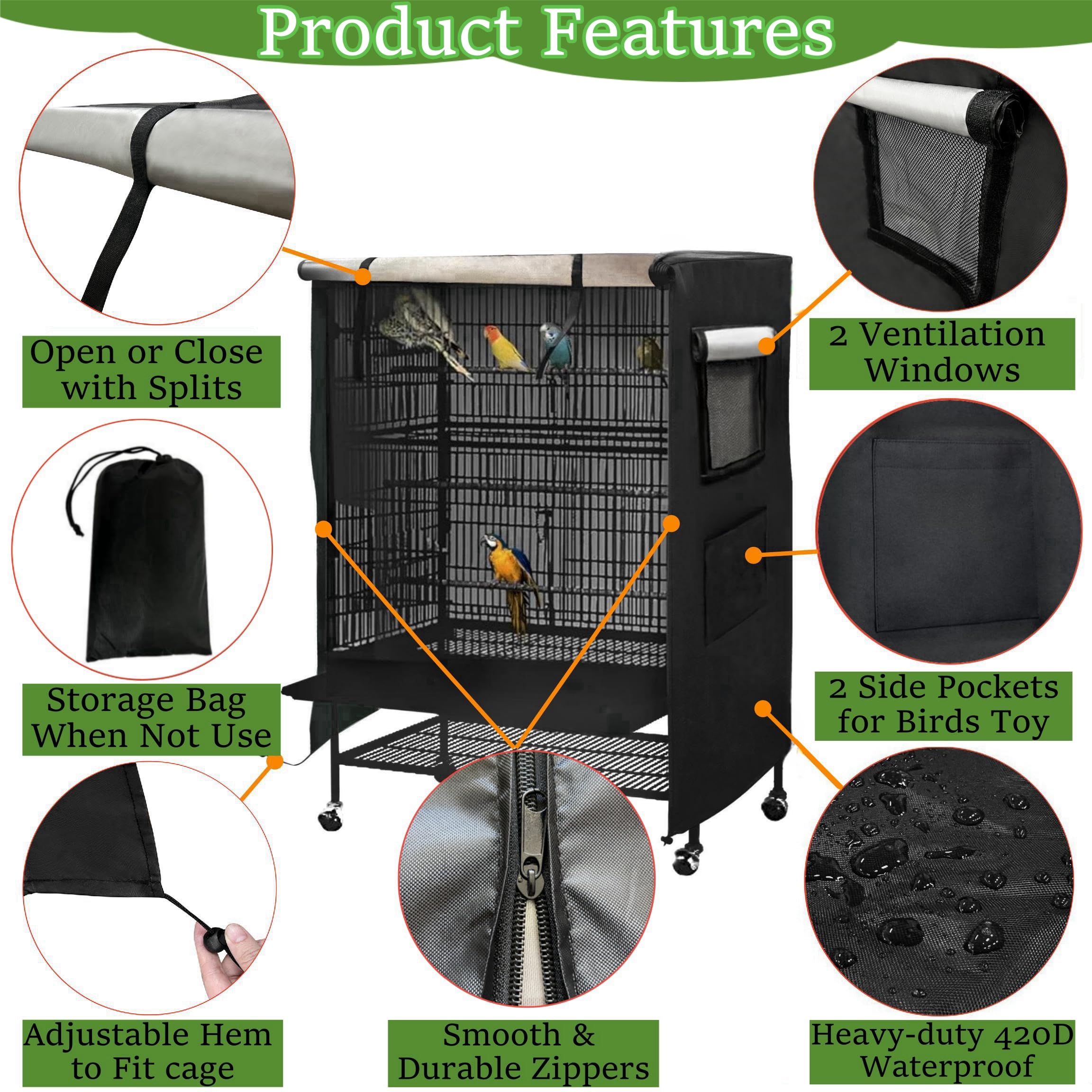 Bird Cage Cover Good Night for Medium Cage with Zipper, Bird Universal Pet Cover Good Night for Cats, Mink, Totoro, Parakeet, Parrot and Small Animals, Medium (20" L x 15" W x 39" H)