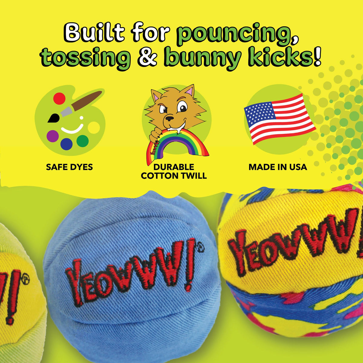 Yeowww! Catnip My Cats Balls Toys for Cats - 3-Pack - Durable Cotton Twill - Made in the USA - Stuffed with Organically Grown Catnip